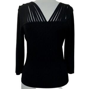 Cyrus Black Strappy Bodycon Stretch Knit Top Sz PM V-Neck Wrist Length Sleeves